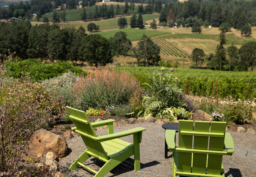 ESTATE-0185 Outdoor seating overlooking vineyard.